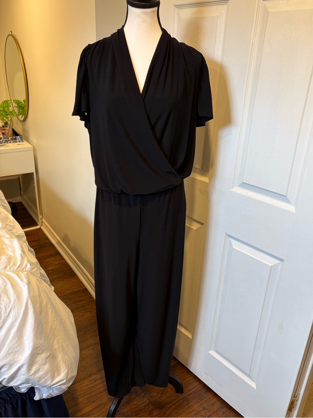 Penningtons Black Wide Leg Jumpsuit 1X Wrap Flutter Sleeve Pockets